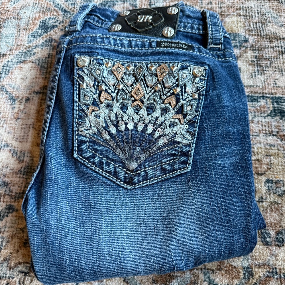 Miss Me Blue Denim Boot Cut Jeans with Embroidered Pocket